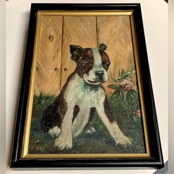 1931 Vintage Artist Signed Framed Oil Paint on Canvas Potrait of Boston Terrier - Picture 16 of 16